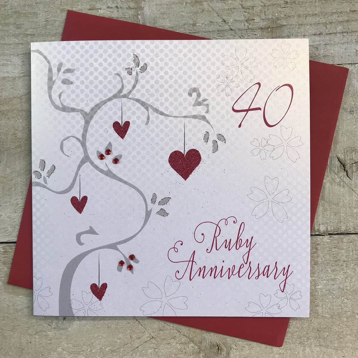 white cotton cards Ruby Bruiloft, Handgemaakte 40e Kaart (Jubileumboom, Code AB40) - ShopVlot