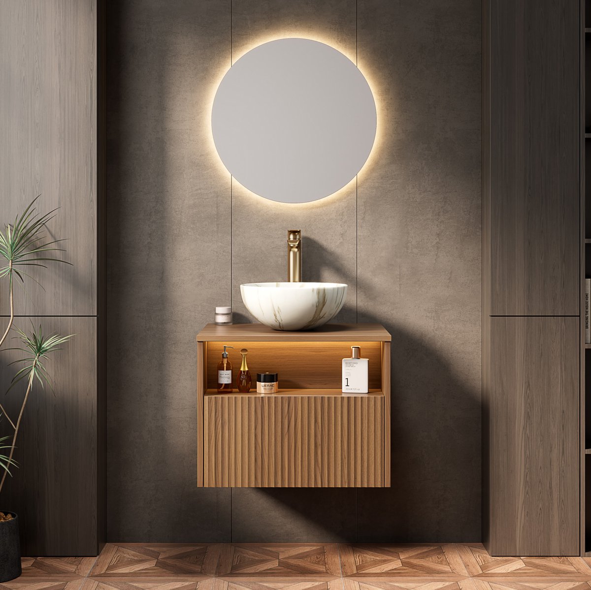 OKWISH Badkamerkast - Wandhangend Met Keramische Wastafel En Sensor LED - 60 x 46 x 45 cm - Lade En Open Vak - Bruin Eiken