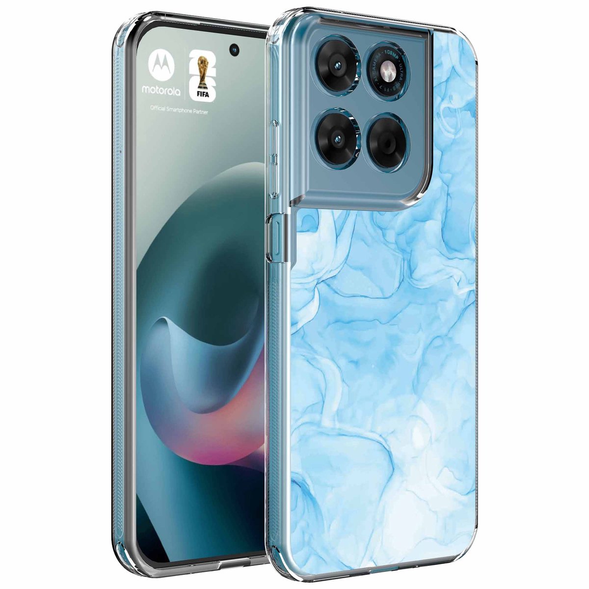 Smartphonica Geschikt voor Motorola Moto G77 Telefoonhoesje met Lichtblauw Marmer opdruk - Draadloos op te laden - Shockproof Siliconen TPU Strong Case - Sterk Schokbestendig Telefoonhoesje geschikt voor Motorola Moto G77
