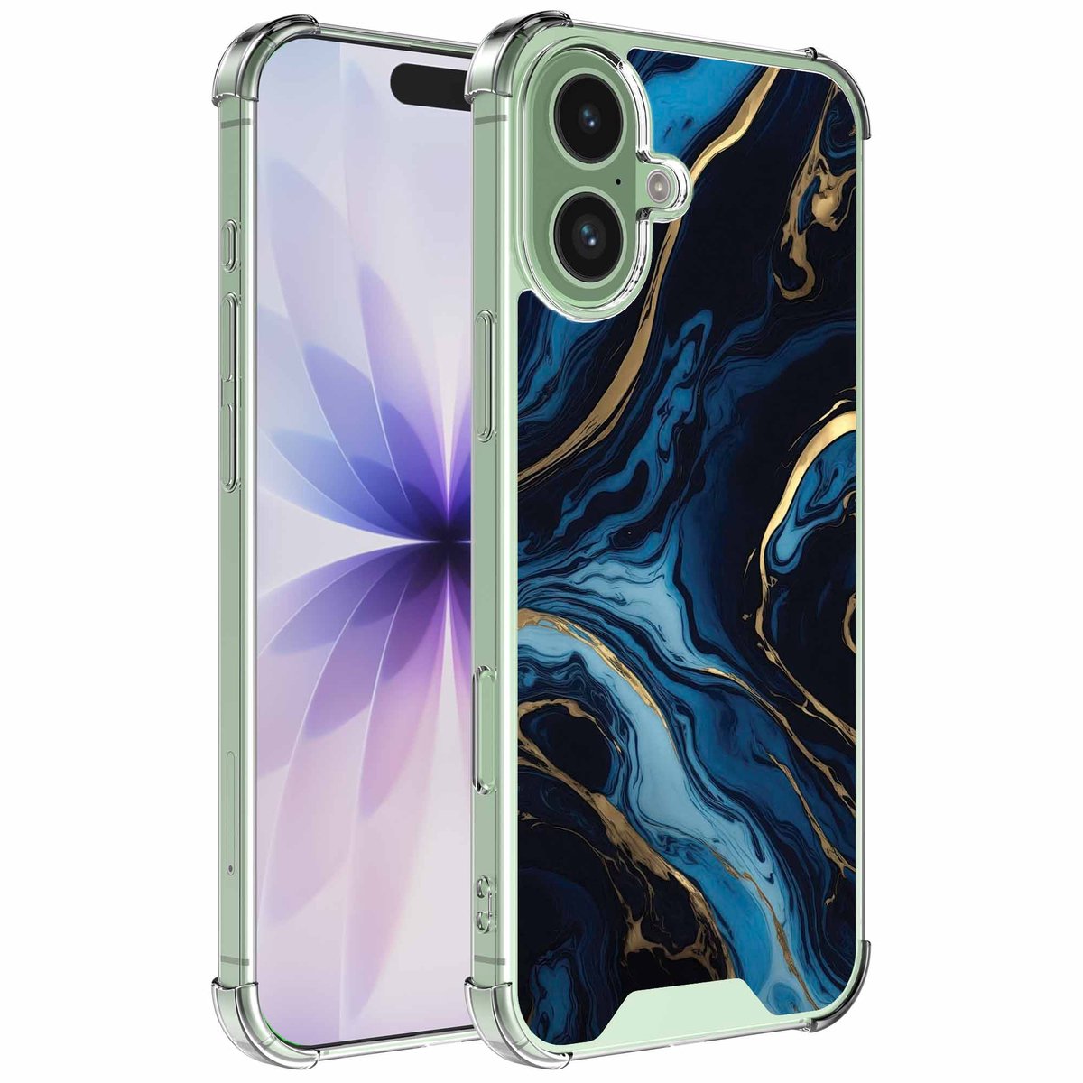 Smartphonica Geschikt voor iPhone 17 Telefoonhoesje met Goud Blauw Marmer opdruk - Draadloos op te laden - Shockproof Siliconen TPU Strong Case - Sterk Schokbestendig Telefoonhoesje geschikt voor iPhone 17
