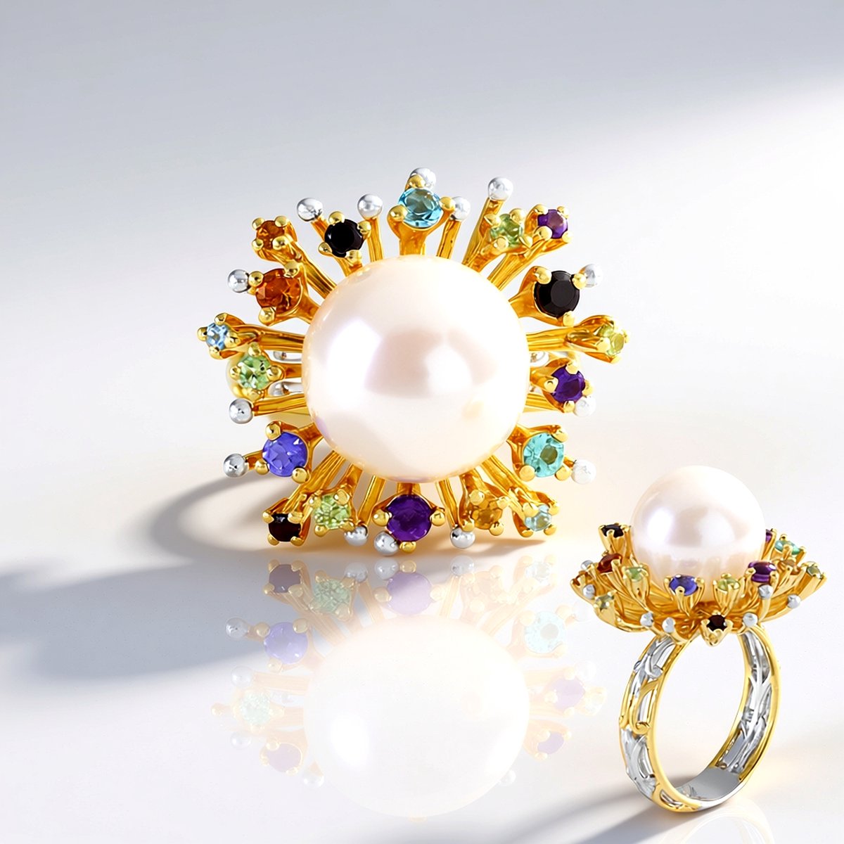 Cavill - 925 Sterling Zilver Damesring - 12 mm Witte Zoetwaterparel - 0,737 ct Amethist, Tanzaniet & Fluorapatiet - Elegant & Kleurrijk