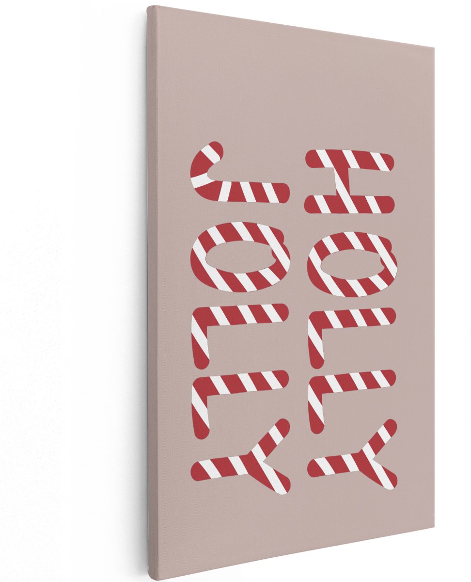 Artaza Canvas Schilderij Holly Jolly Tekst - 100x150 cm - Groot - Wanddecoratie Kerst - Muurdecoratie Zuurstok - Schilderijen Op Canvas Quote