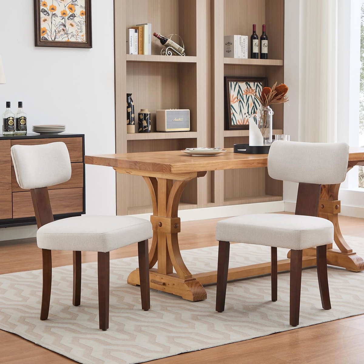 Triumpunpre - Set van 2 Eetkamerstoelen - Mid‑Century Moderne Gestoffeerde Stoelen - Houten Frame - Ergonomische Rugleuning voor Keuken en Eetkamer - Linnen | Gebroken Wit