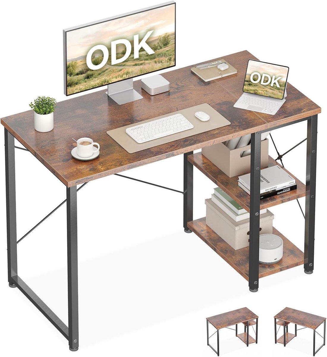 SnelShoppen - Compacte Bureau met Omkeerbare Planken, 100x48cm, Bruin | Ruimtebesparend Bureau met Opbergrekken voor Thuiswerk en Slaapkamer