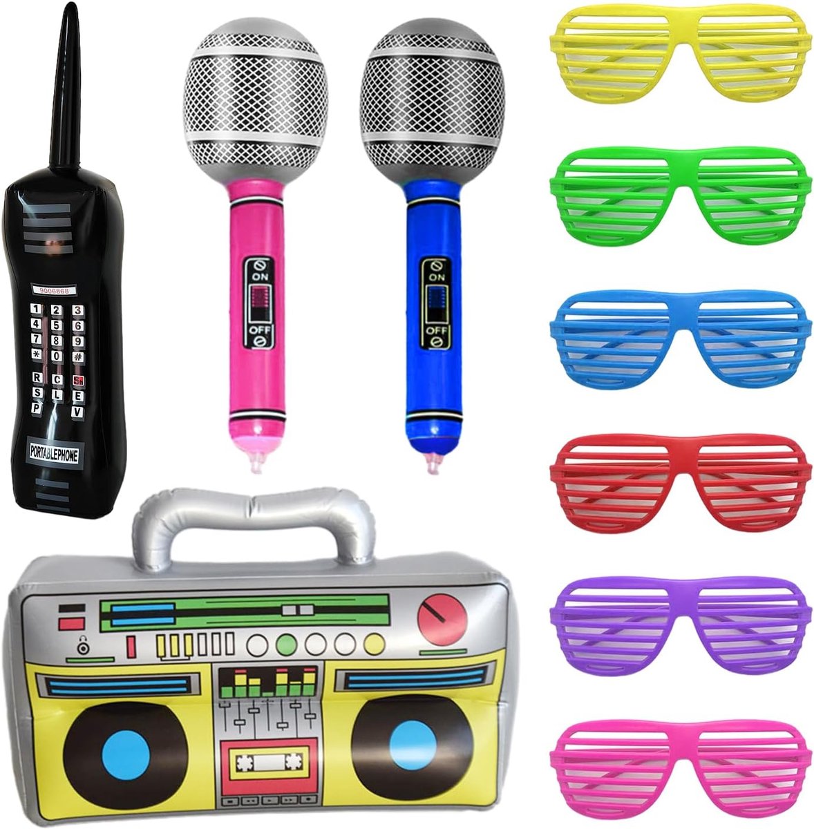 1 opblaasbare radio + 1 opblaasbare retro mobiele telefoon + 2 opblaasbare microfoons + 6 feestbrillen jaloezieën, opblaasbare feestaccessoires jaren 80 90 discodecoratie accessoires