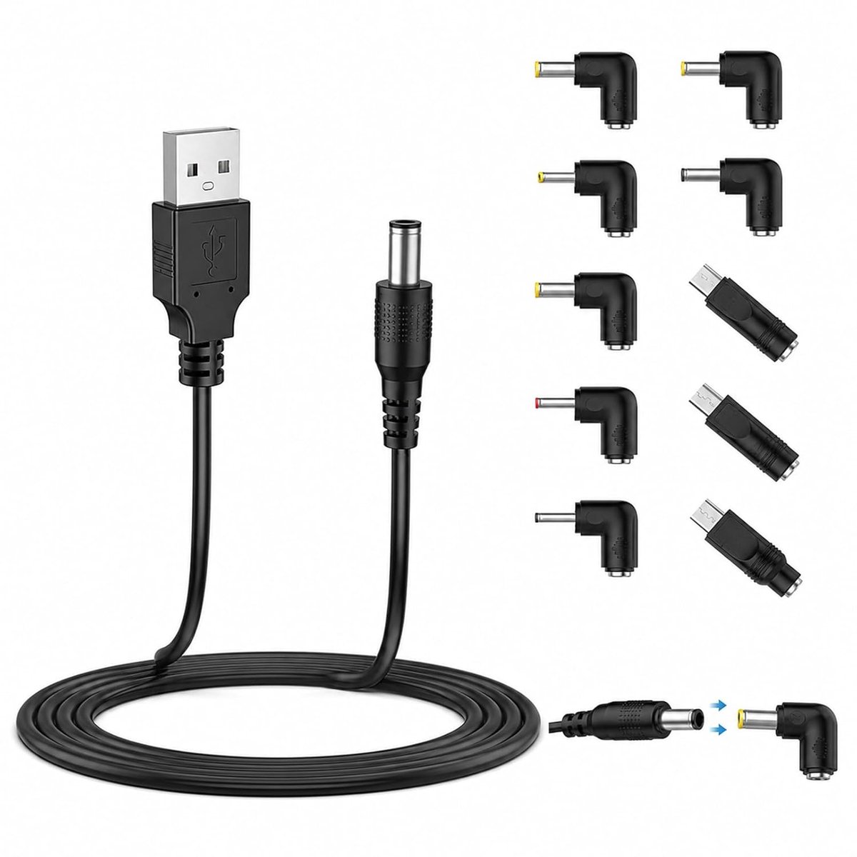 USB naar DC 5V kabel - 1,5 meter - inclusief 10 aansluitingen - ideaal voor diverse apparaten - SnelShoppen
