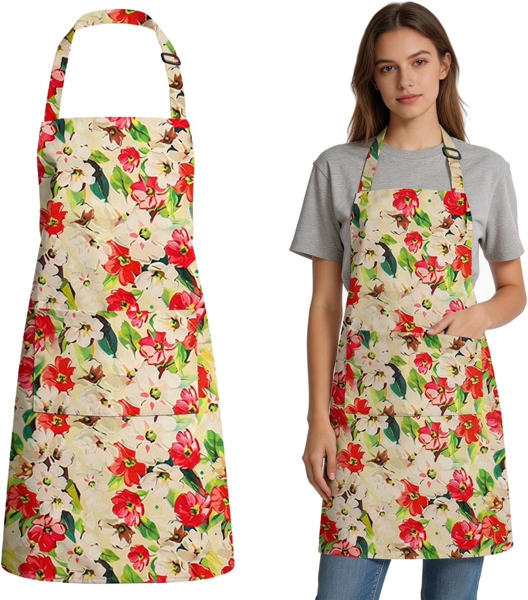 Waterdichte Schort met Bloemenprint - Verstelbaar Canvas - Met Pocket - Ideaal voor Koken - SnelShoppen