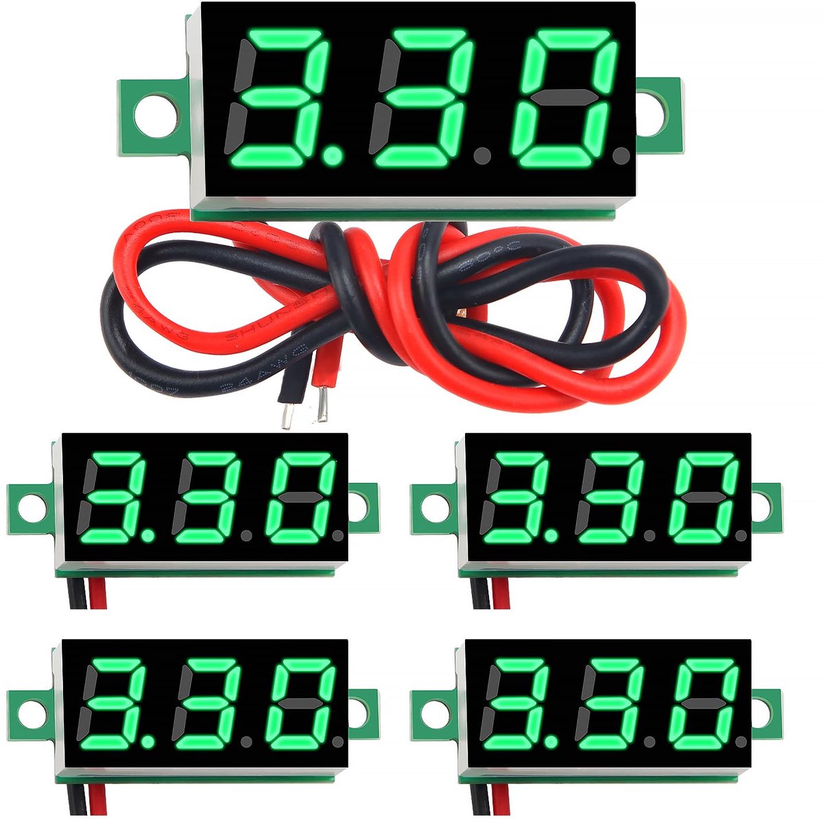 5 Stuks 0.28 Inch Mini Digitale Voltmeter, 2.4 V-30 V Mini DC Voltmeter met Twee draden, Omgekeerde Polariteit Bescherming en Nauwkeurige Drukmeting (Groen)