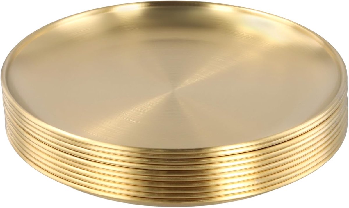10 stuks 20 x 1,3 cm roestvrijstalen dinerborden, ronde serveerborden, goudgeborstelde metalen gerechten voor kamperen, eten, barbecue, biefstuk, salade