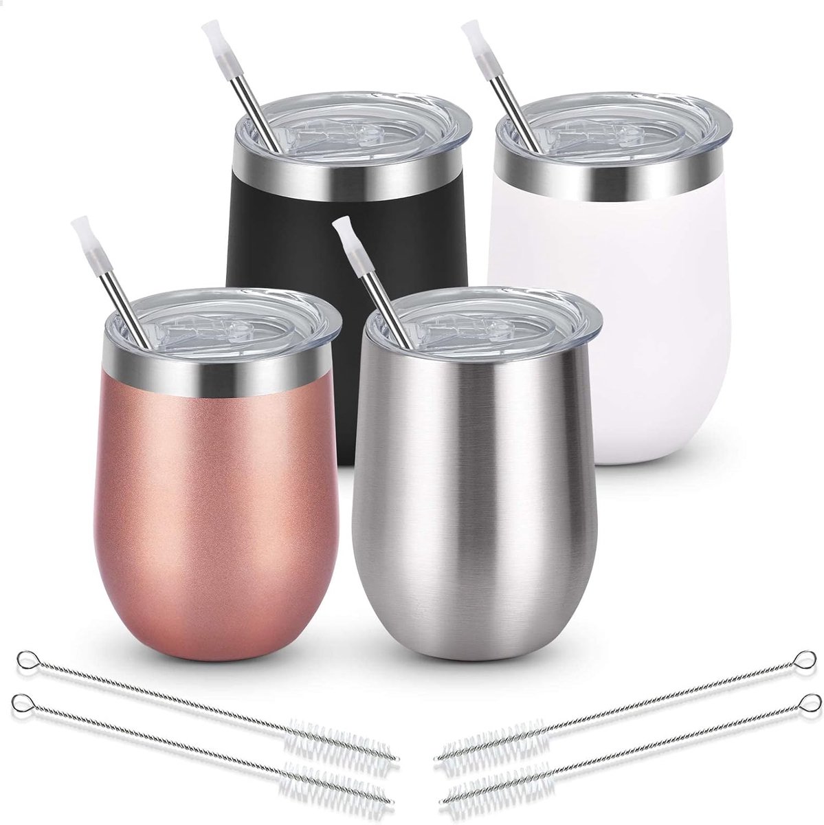 Wijnbeker Cadeauset van 4, 350 ml Roestvrij Staal Dubbelwandige Vacuüm Wijnglas met Deksel en Rietje, Onbreekbare Steelloze Reis Koffiemok Beker voor Familiebijeenkomsten, Picknick Kerst Cadeau