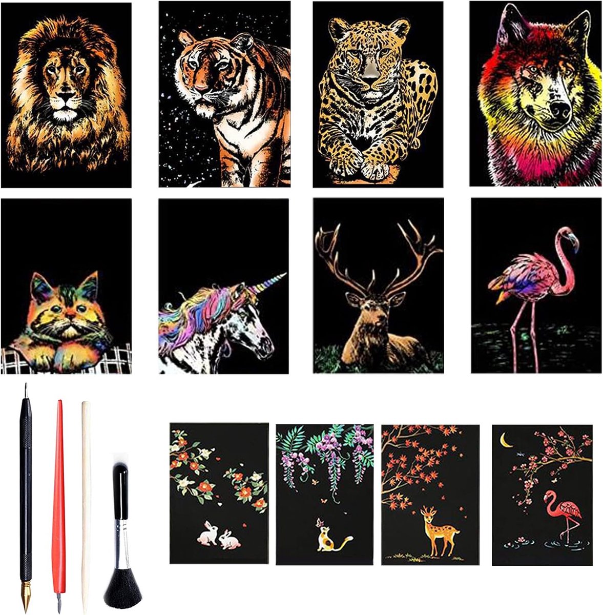 Porgy 12 stuks kraskunstpapier set doe-het-zelf kunstknutselsets voor kinderen en volwassenen magische regenboogkaarten ansichtkaarten kerstverjaardagscadeau voor jongens meisjes met