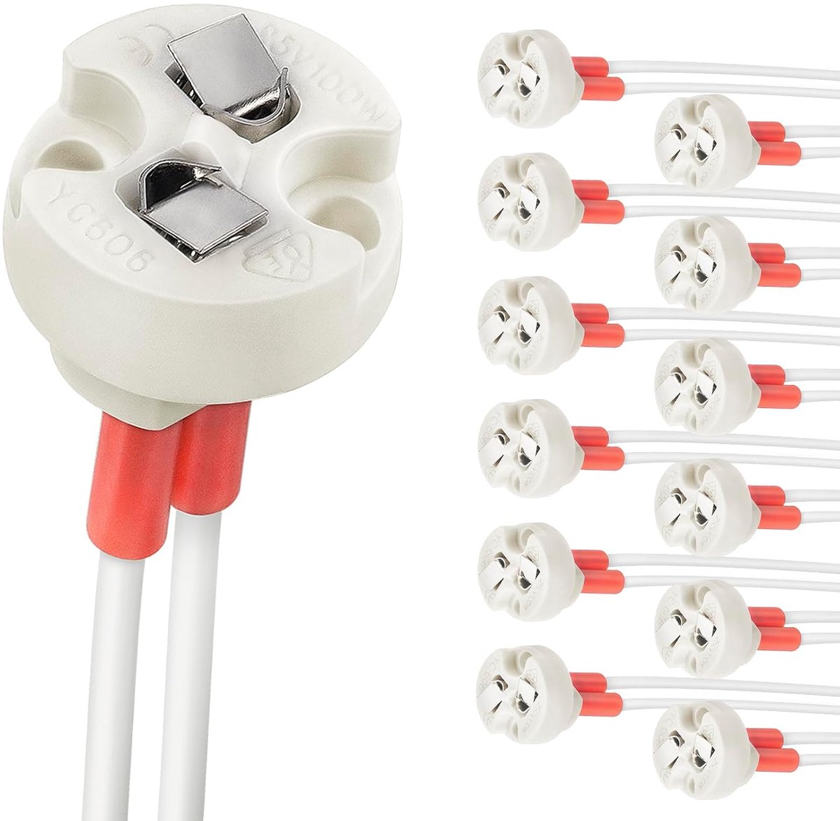 Bin-pin basis van 12 stuks, Connector G4, GU3.5, G6.35, GY6.35, GX5.3, GU5.3, MR16, GZ4, MR11, Halogeen gloeilamp LED-lampvoet, Keramische voet | MR16, MR11 lampfitting vervanging voor halogeengloeilamp, bi-pin lamphouder met 5,9 inch draadconnector