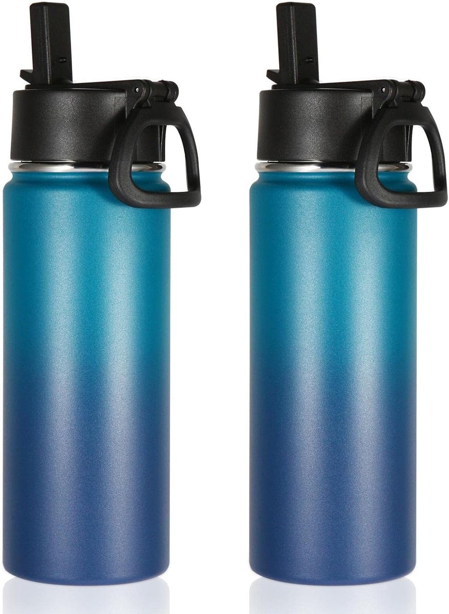 Geïsoleerde roestvrijstalen waterfles, 530 ml, met rietje, herbruikbare fles, brede opening, dubbelwandige vacuüm sportfles voor koude en warme dranken (blauw, 2 stuks)
