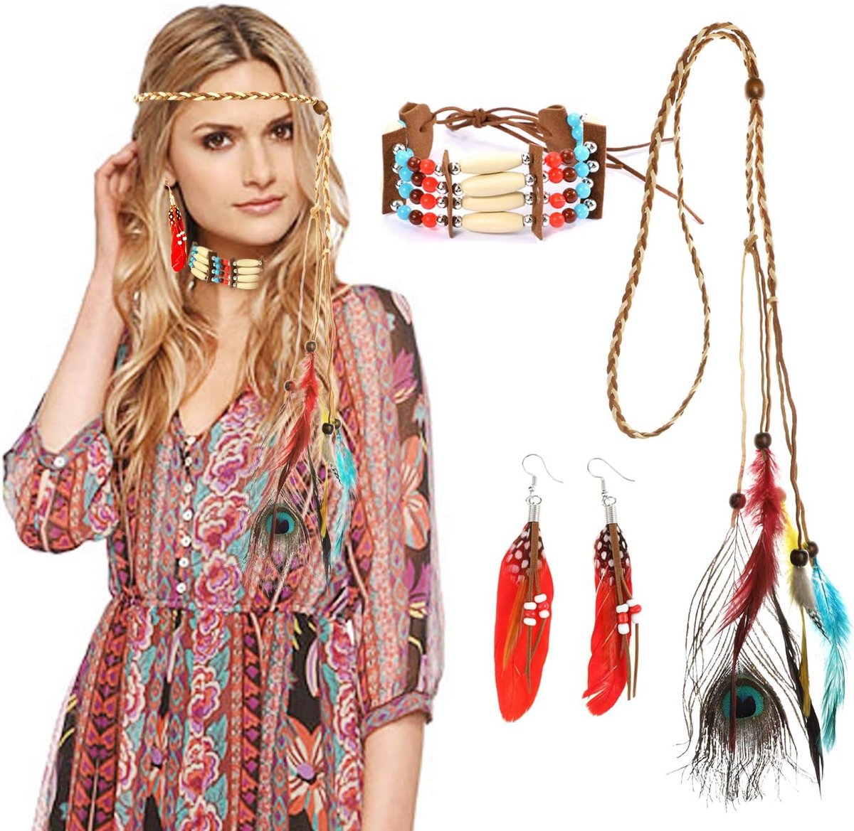 Indianen hoofdtooi dames indianen hoofdband verensieraad haarband Indiaanse Bohemian haaraccessoires en Indianen halsketting oorbellen voor carnaval kostuums accessoires indianenkostuum