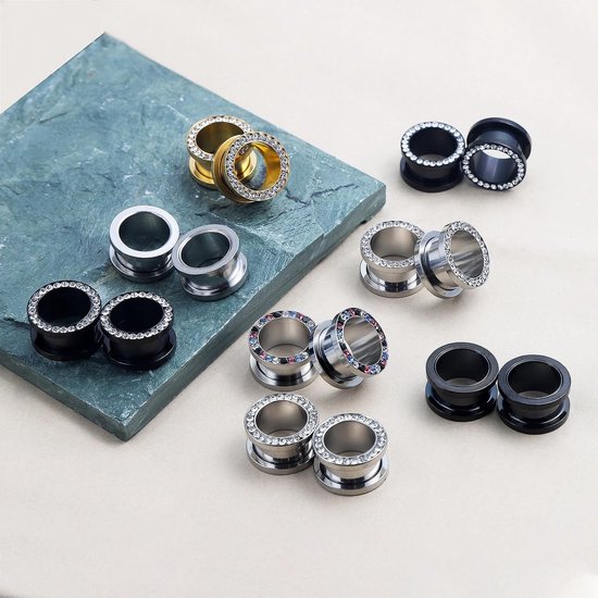 Tunnels, 8 stuks roestvrij staal, schroefsluiting met edelstenen, piercing, sieraden, 6 mm - 16 mm, Roestvrij staal, Kubieke zirkonia — afbeelding 5