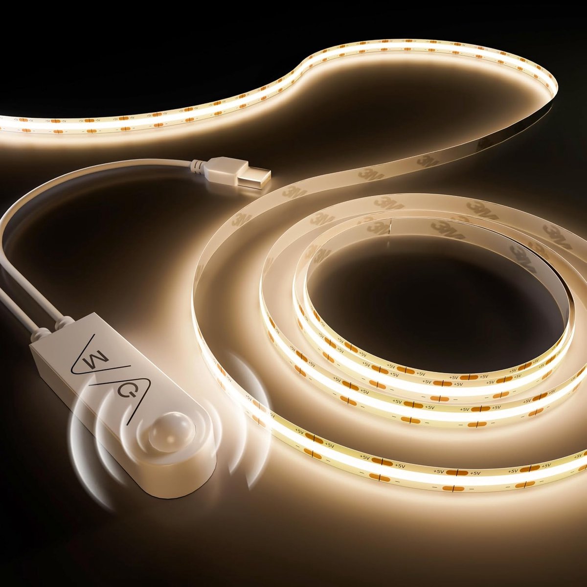USB 5V COB LED strip met bewegingsmelder Natuurlijk wit 4000K 3M, 960LEDs Dimbaar CRI90+ LED tape zelfklevend voor trappen, kinderkamers, kasten, bedlampverlichting