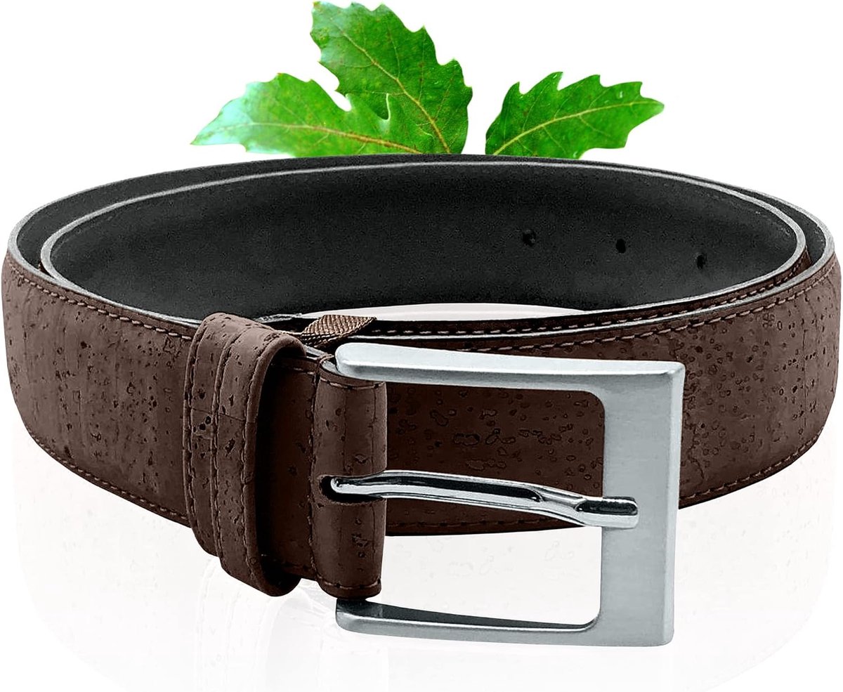 unisex | modieuze riem van natuurkurk met zilverkleurige gesp | riem van kurk donkerbruin | stijlvol accessoire voor jeans en andere broeken | verschillende Maten naar keuze.