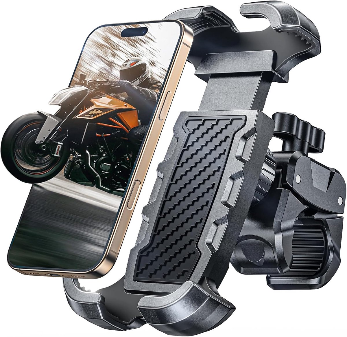 Fietstelefoonhouder met [Zware klem], [Allround veilige] Motorfietstelefoonhouder voor op de fiets, [In één keer klaar] Fietstelefoonhouder, compatibel met telefoons van 4,7 tot 6,8 inch