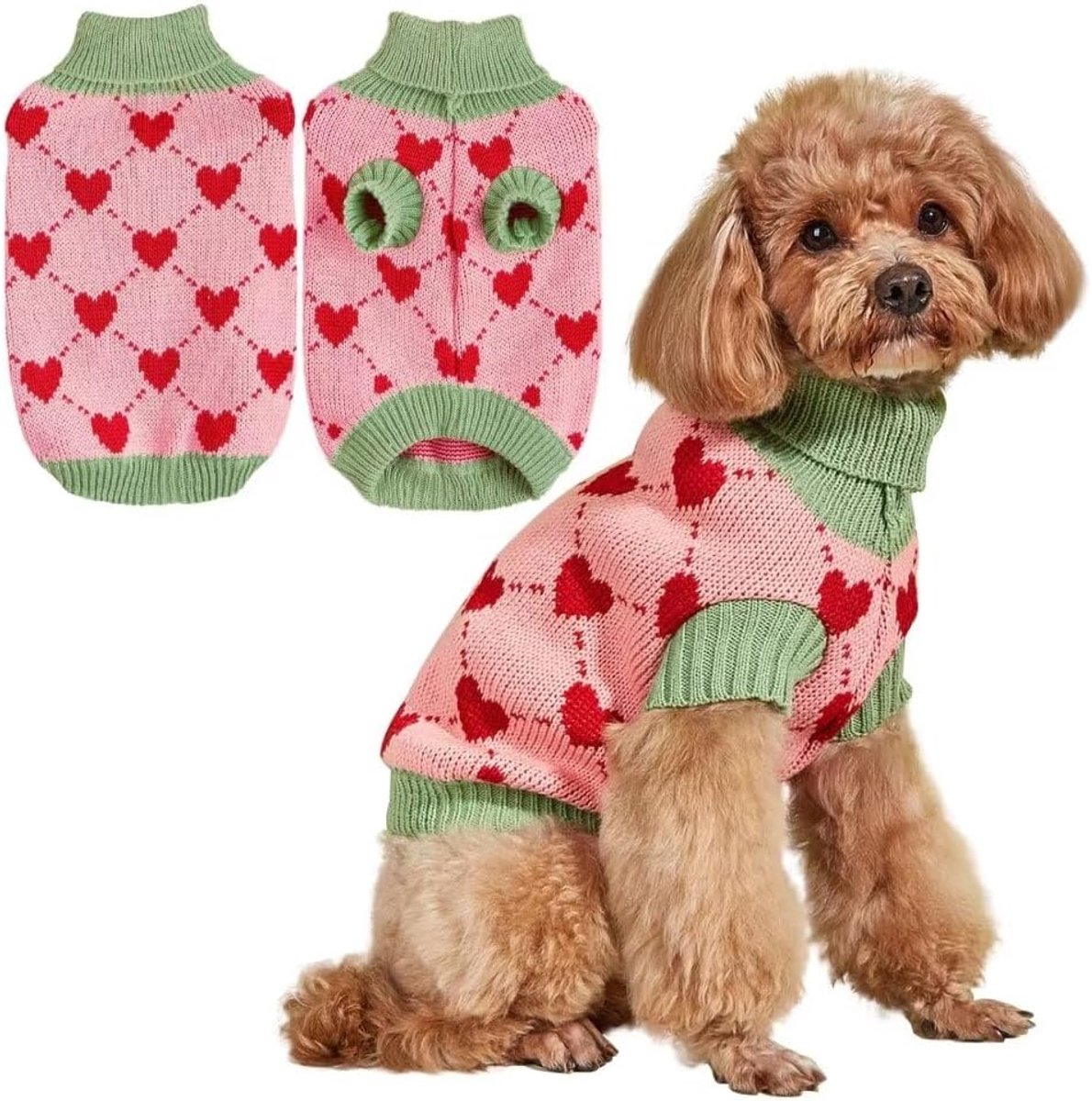 sweater voor honden, rolkraagpullover met gebreid patroon, warme winterjas voor honden, puppy's en katten (S, roze)