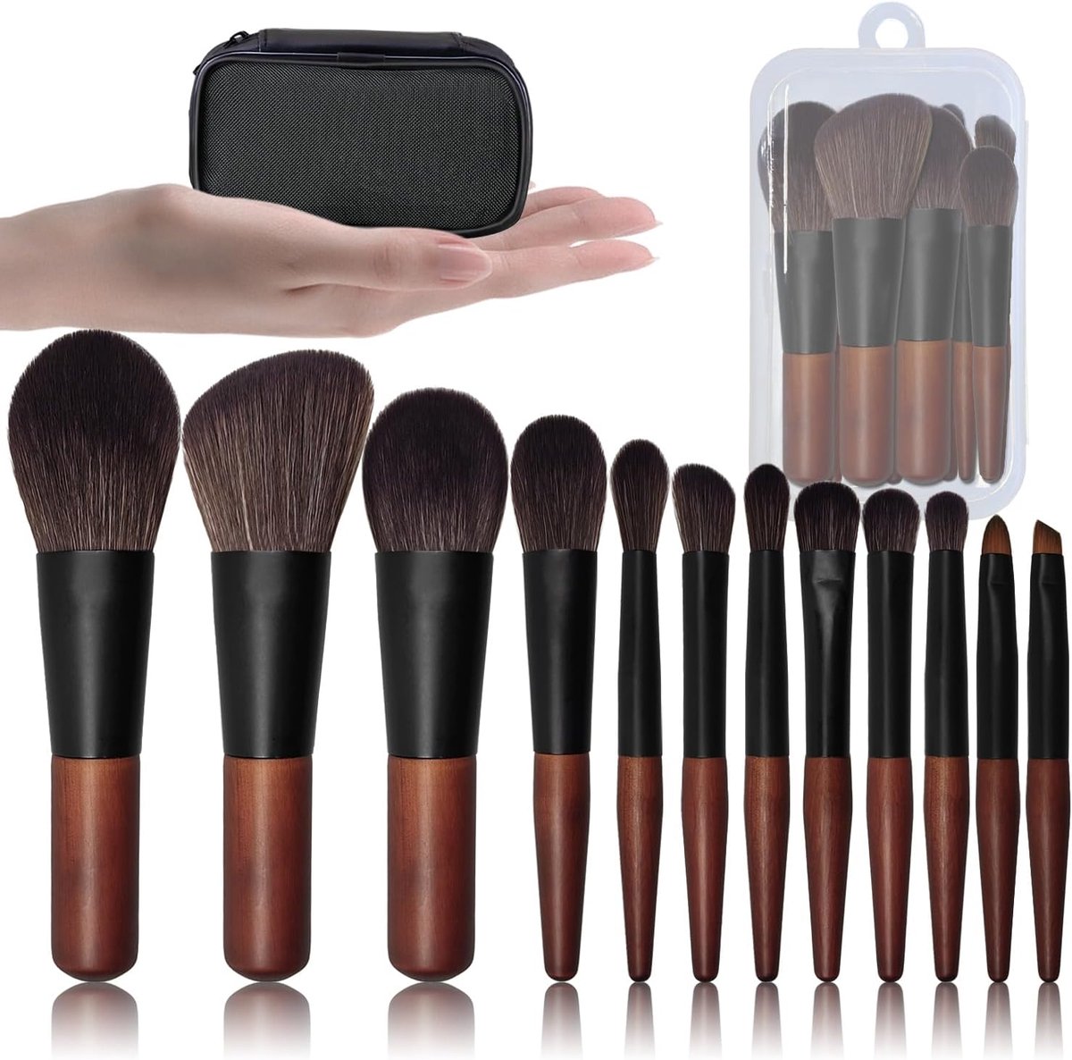 make-up, mini-kwastenset perfect voor op reis, 12 cosmetische borstels incl. make-up borstel opslag, reis-make-up kwastenset, veganistisch, houten handvat met zachte borstelharen