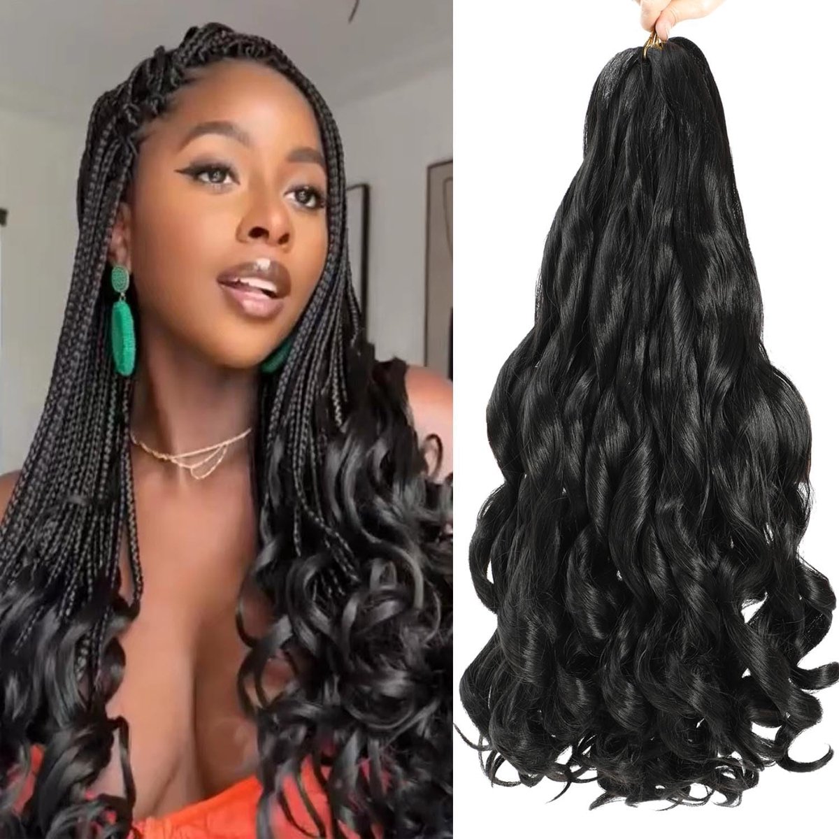 Curl Vlechthaar, 61 cm, 8 stuks, voorgerekt losse golvend, golvend haar, Franse krullen, vlechten, synthetische haarextensies (1B#, 61 cm)