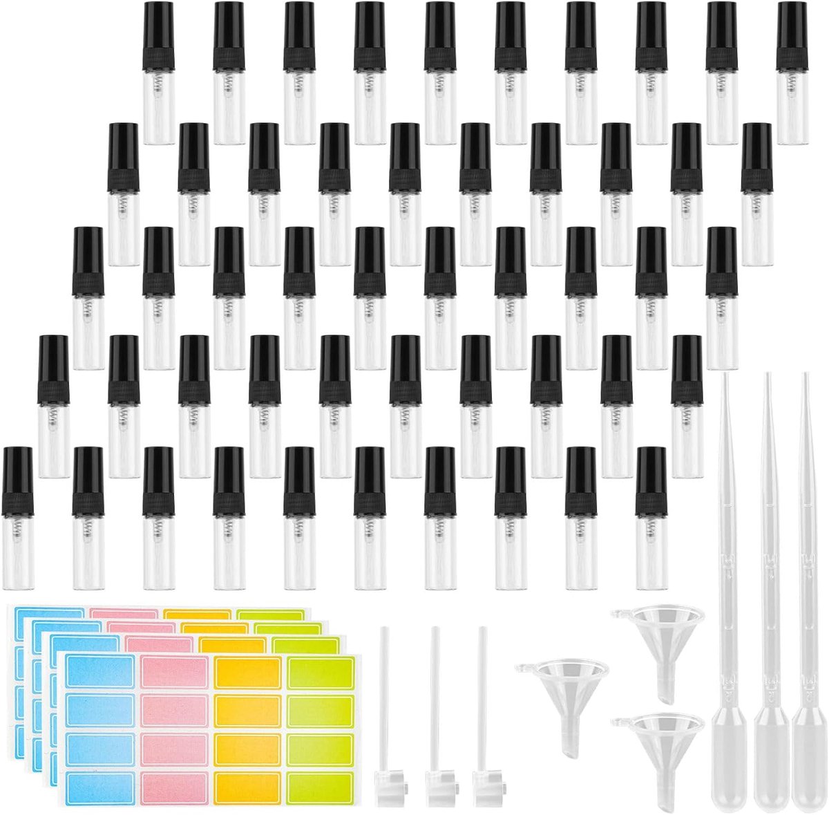 50 stuks parfumverstuiver voor onderweg, 3 ml mini parfumverstuiver, navulbaar, parfumvuller met 3 pipetten, 3 trechters, 3 pers en 4 etikettenvellen voor reizen en kamperen