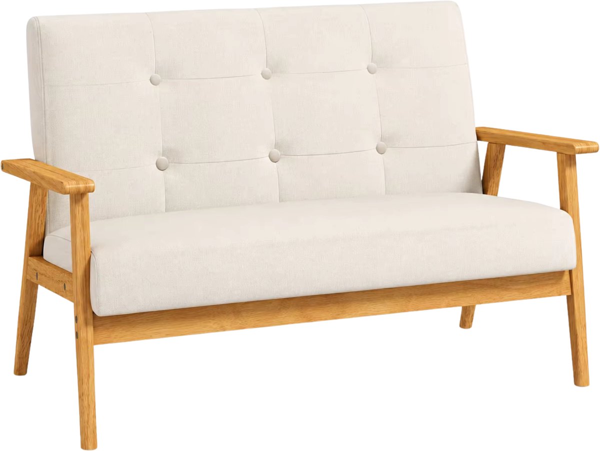 3-Zits Bank Beige Linnen – Linnen Stof en Rubberhouten Frame - Scandinavisch Design met Getufte Rugleuning en Gevoerde Zitting