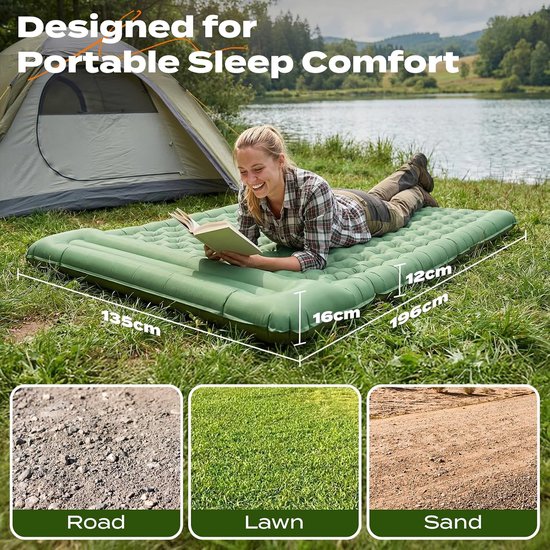 Campingslaapmat met Kussen, Waterdicht en scheurbestendig 50D nylon XXL Luchtmatras met ingebouwde voetpomp, Olijfgroen, 196x135x12cm — afbeelding 3