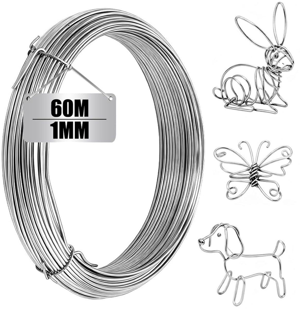 dun, buigzame draad om te knutselen, binddraad, 304 roestvrij stalen draad voor bloemendraad, sieradendraad, poppen, doe-het-zelf modellering, sculptuur (zilver, Ø 1 mm, 60 m)