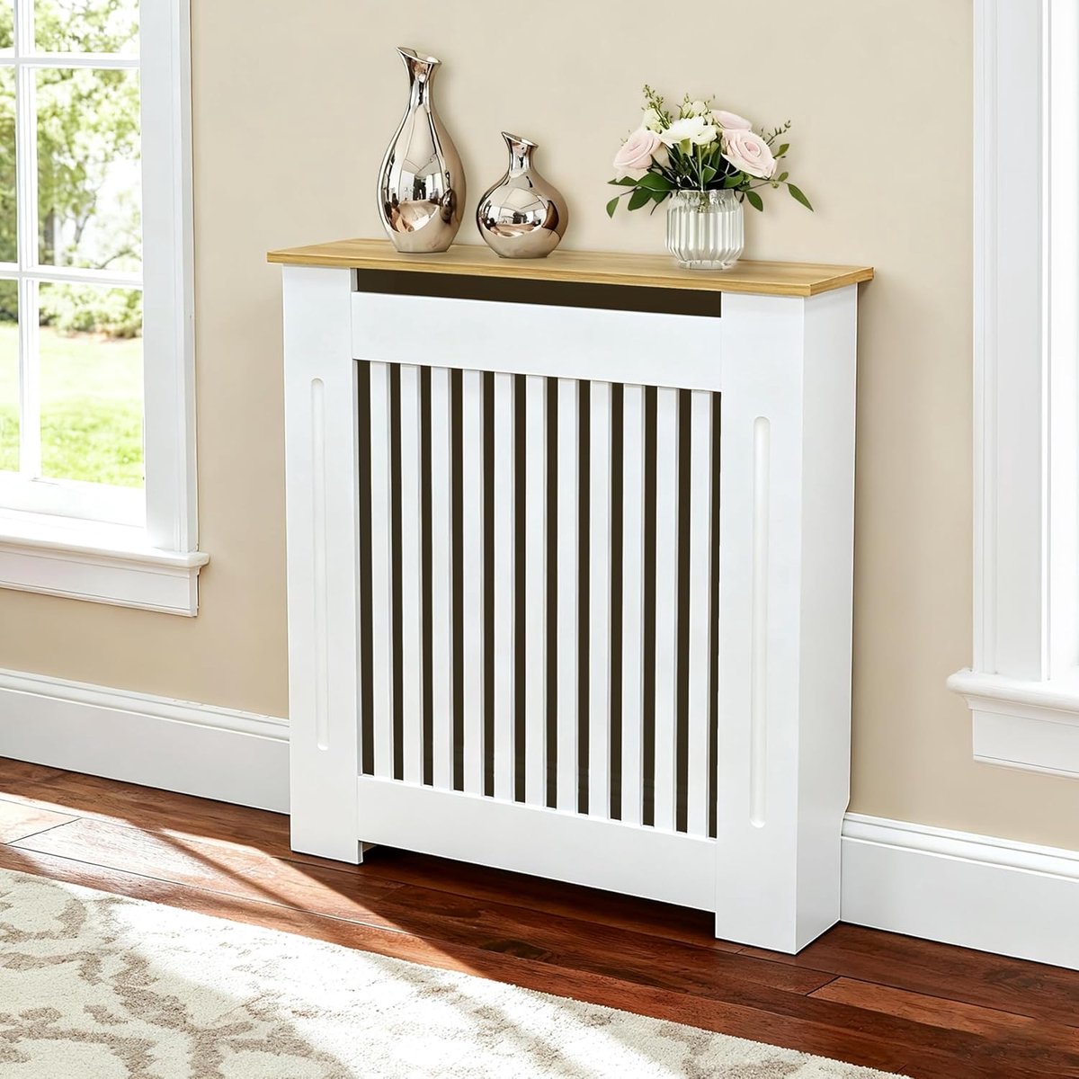 Moderne witte radiatorafdekking: 78 x 20 x 92,5 cm, MDF-radiatorafdekking met houten plank, versterkte en duurzame radiatorafdekking voor thuis of op kantoor (verticaal)