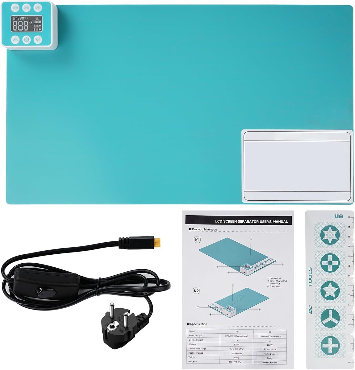 Verwarmingsplaat voor mobiele telefoon, verwarmingsplaat voor mobiele telefoon, reparatie smartphone en tablet, 25-130 °C, met EU-netsnoer (38 x 22 x 3,5 cm)