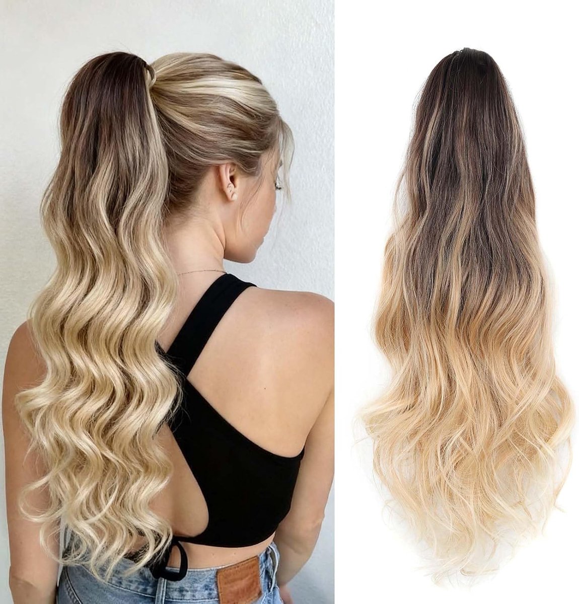 45cm Paardenstaart Haarstuk Vlecht Verlenging Klauw Golvende Lange Paardenstaart Extensies Haarverlenging Synthetische Clip in Ponytail Haarextensies, Bruin ombre blond gemengd met bruin