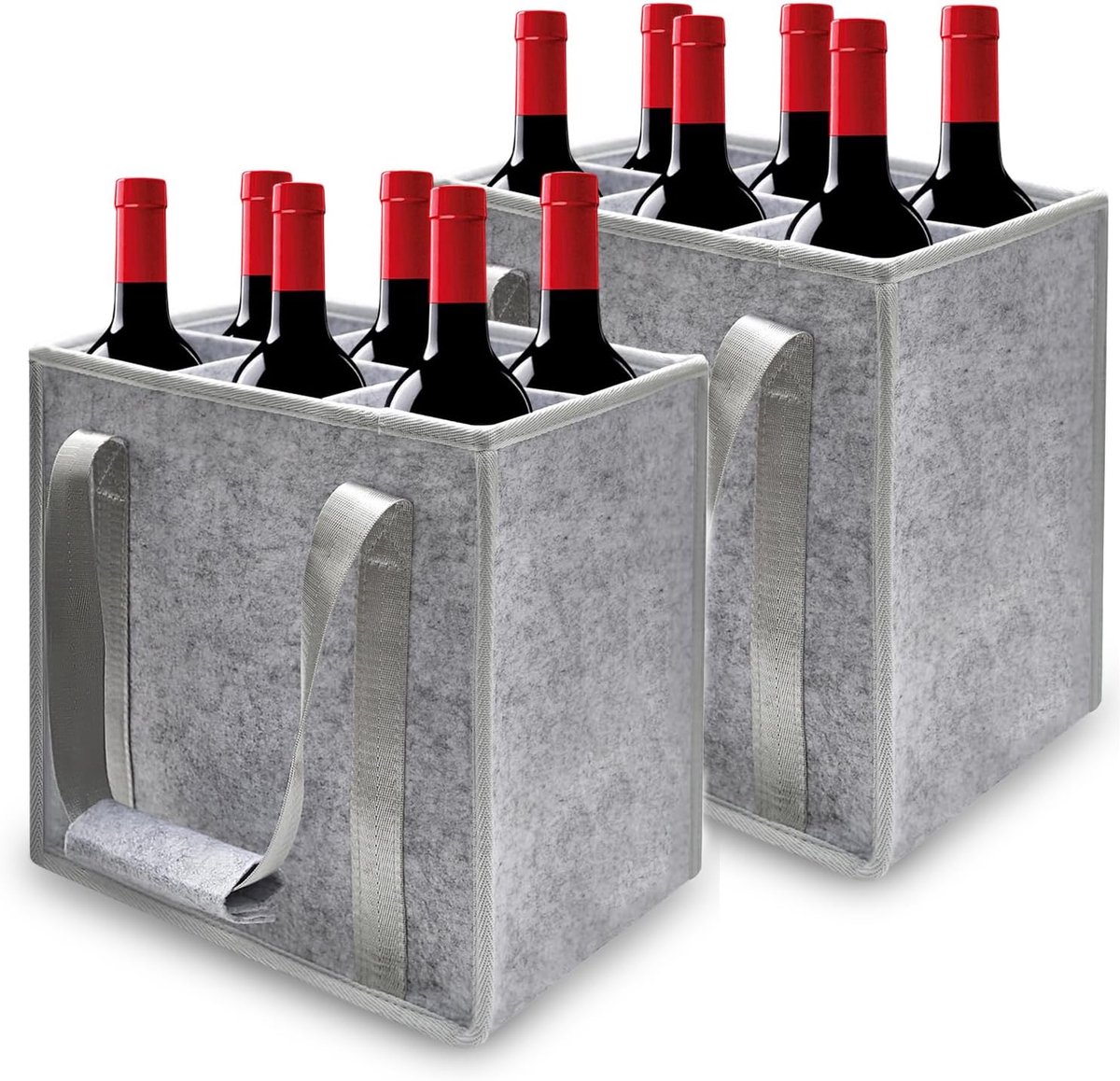 Set van 2 flessenzakken voor 6 flessen, flessenhouder van stevig vilt met handvat, opvouwbare flessenhouder met scheidingswanden, boodschappentas voor waterflessen, wijn en bier, 27 x 20 x 20 x