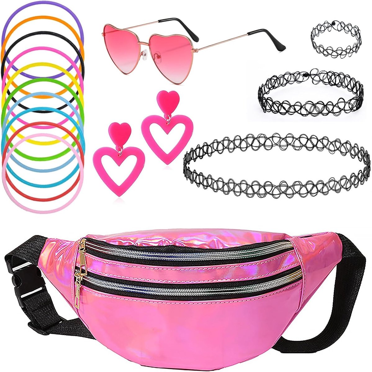 90-outfit voor dames, 17 stuks jaren 90 accessoires met rozenrode heuptas voor dames, hartbril, roze tattooketting, 90s polsband, oorbellen voor schilderaccessoires, festival, party, outfit
