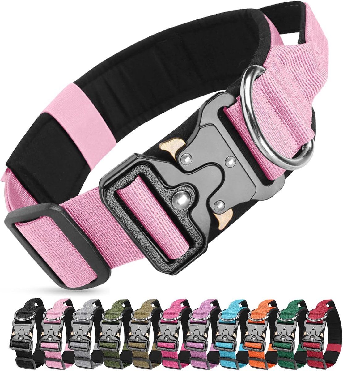 hondenhalsband, militaire nylon verstelbare halsband voor training met stevige metalen gesp, comfortabele halsband, met handvat en zacht gevoerd, voor middelgrote en grote honden