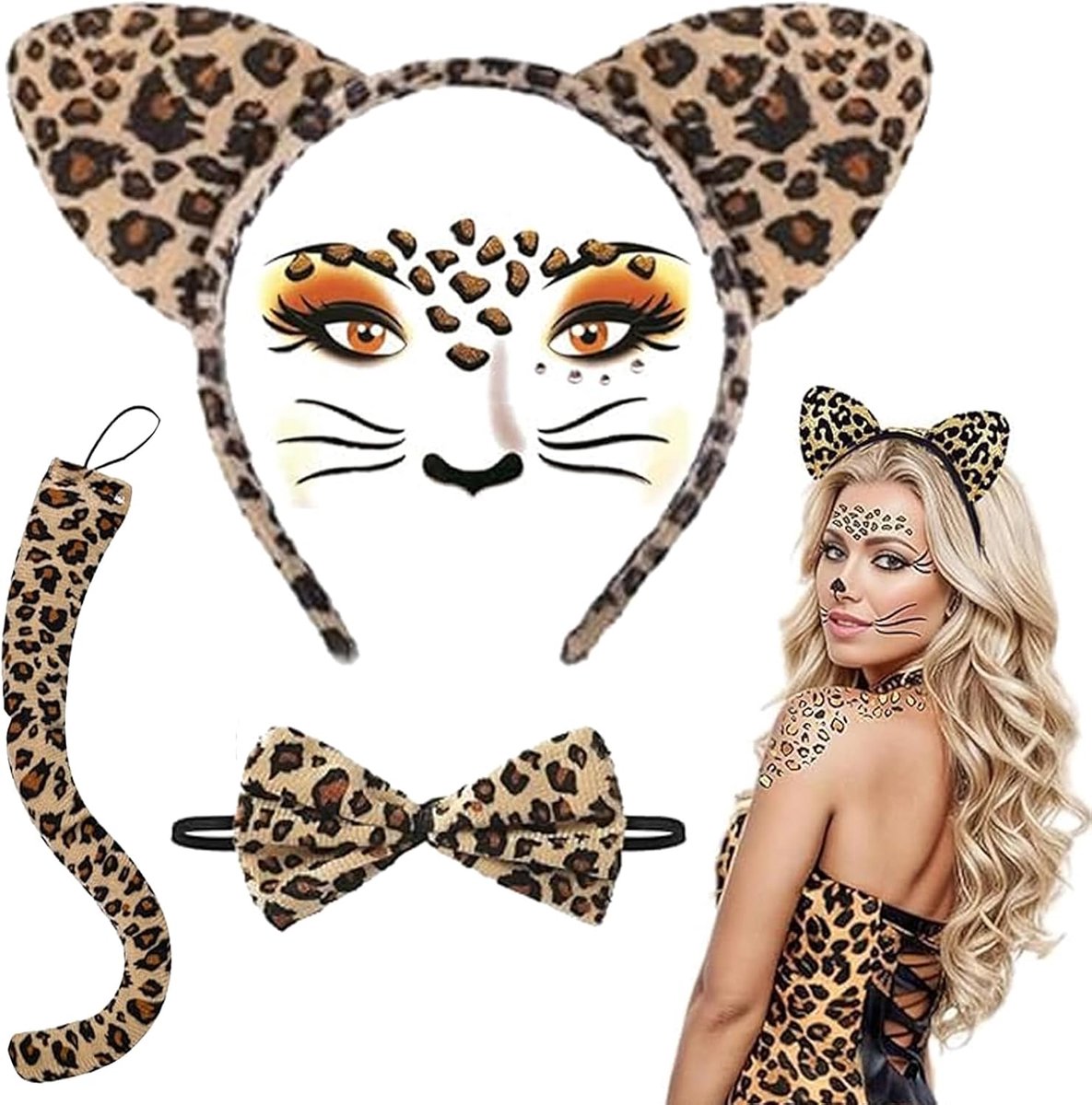 4-delig luipaardkostuum set luipaard oren haarband luipaard gezicht kunst sticker staart vlinderdas luipaard parden kostuum dames leo parden kostuum accessoires volwassenen voor carnaval