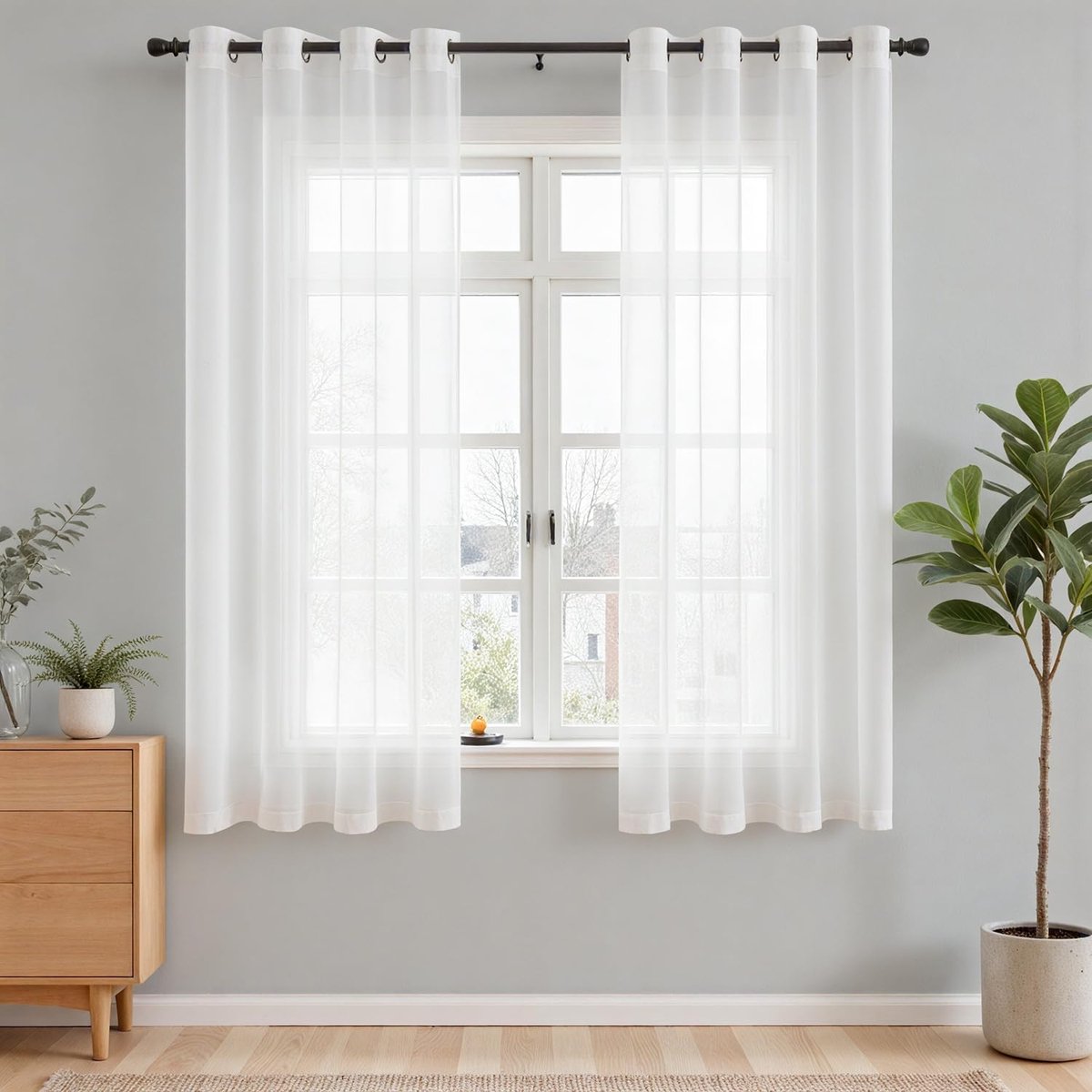 Vitrage, voile gordijnen met inslagringen, set van 2, 175 x 140 cm (h x b), voor woonkamer, slaapkamer, wit, semi-transparant, moderne gordijnen, kinderkamer, vitrage