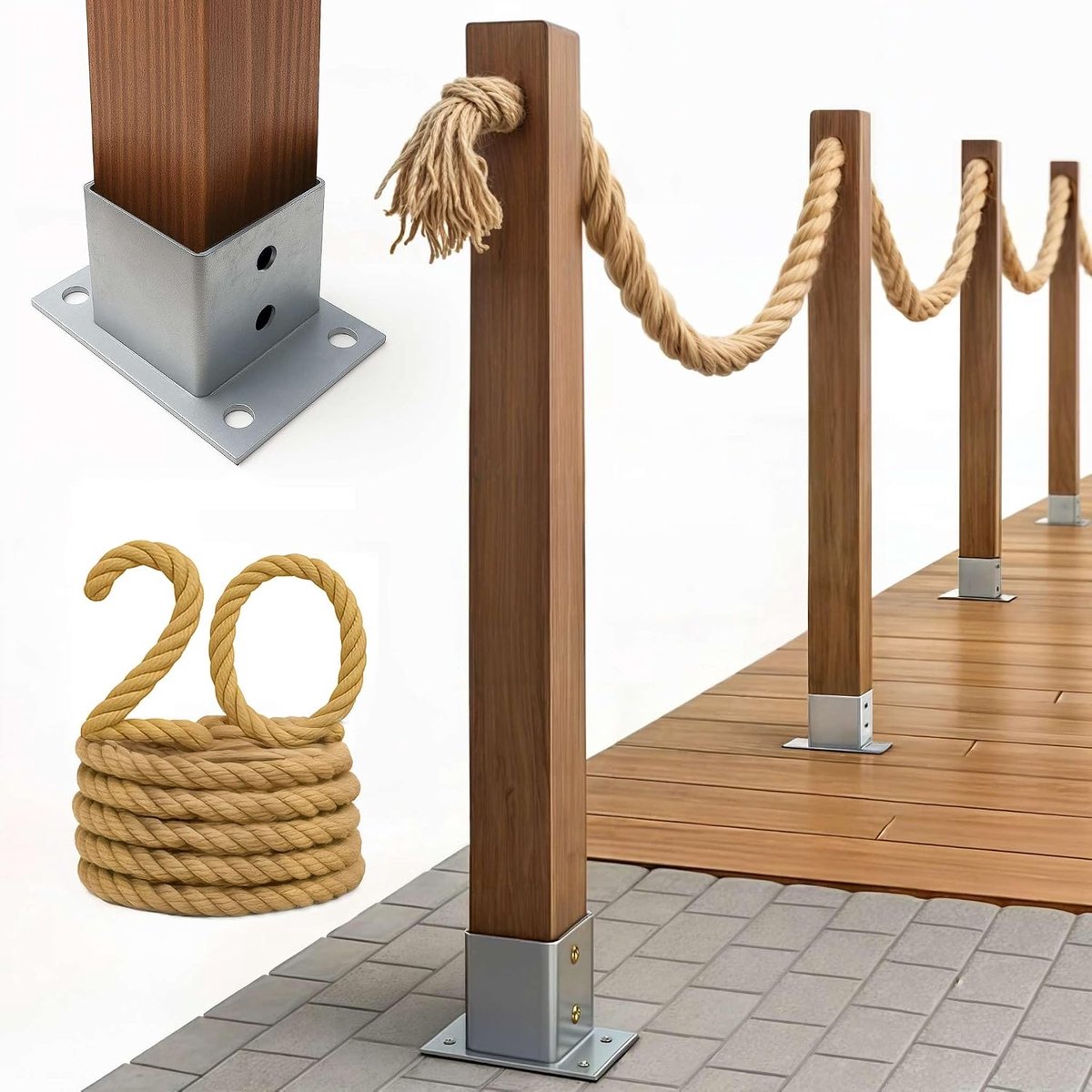 Houten hek met jute touw, zeilhek, 20 m, 13 verschillende lengtes, montageset inclusief bodemhuls met plugplaat
