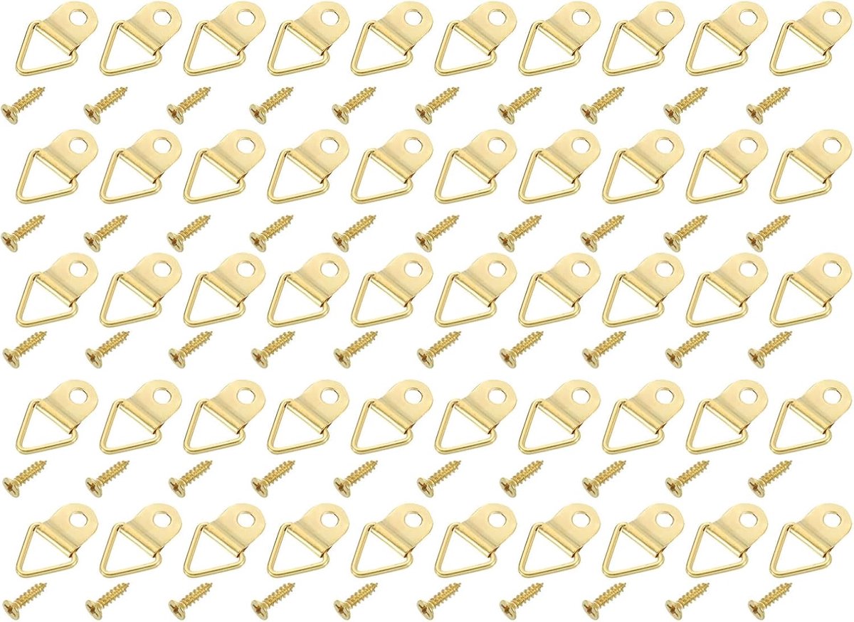 50 stuks driehoekige ring-fotohangers, 22 x 11 mm framehanger met schroeven, metalen fotolijsthaken, bevestigingsmateriaal voor het ophangen van schilderijen, foto's, lijsten, goud