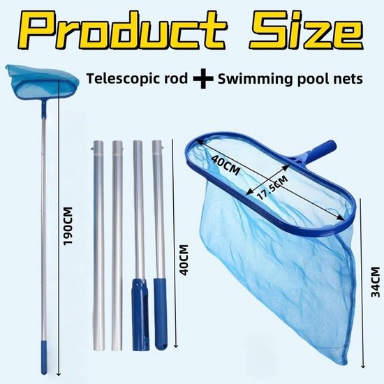 Schepnet voor zwembad, 190 cm, met telescoopstang, zwembadschepnet aquanet, schepnet voor het zwembad, groot formaat, fijnmazig schepnet voor zwembad, skimmernet — afbeelding 4