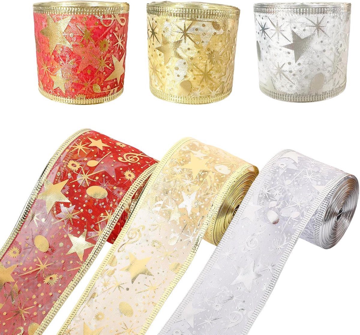 set Kerstmis 3 rollen - rood goud zilver cadeaulinten met sterren & noten motief - 3,8 cm x 9 m lint voor geschenkverpakking, kerstdecoratie en boomdecoratie