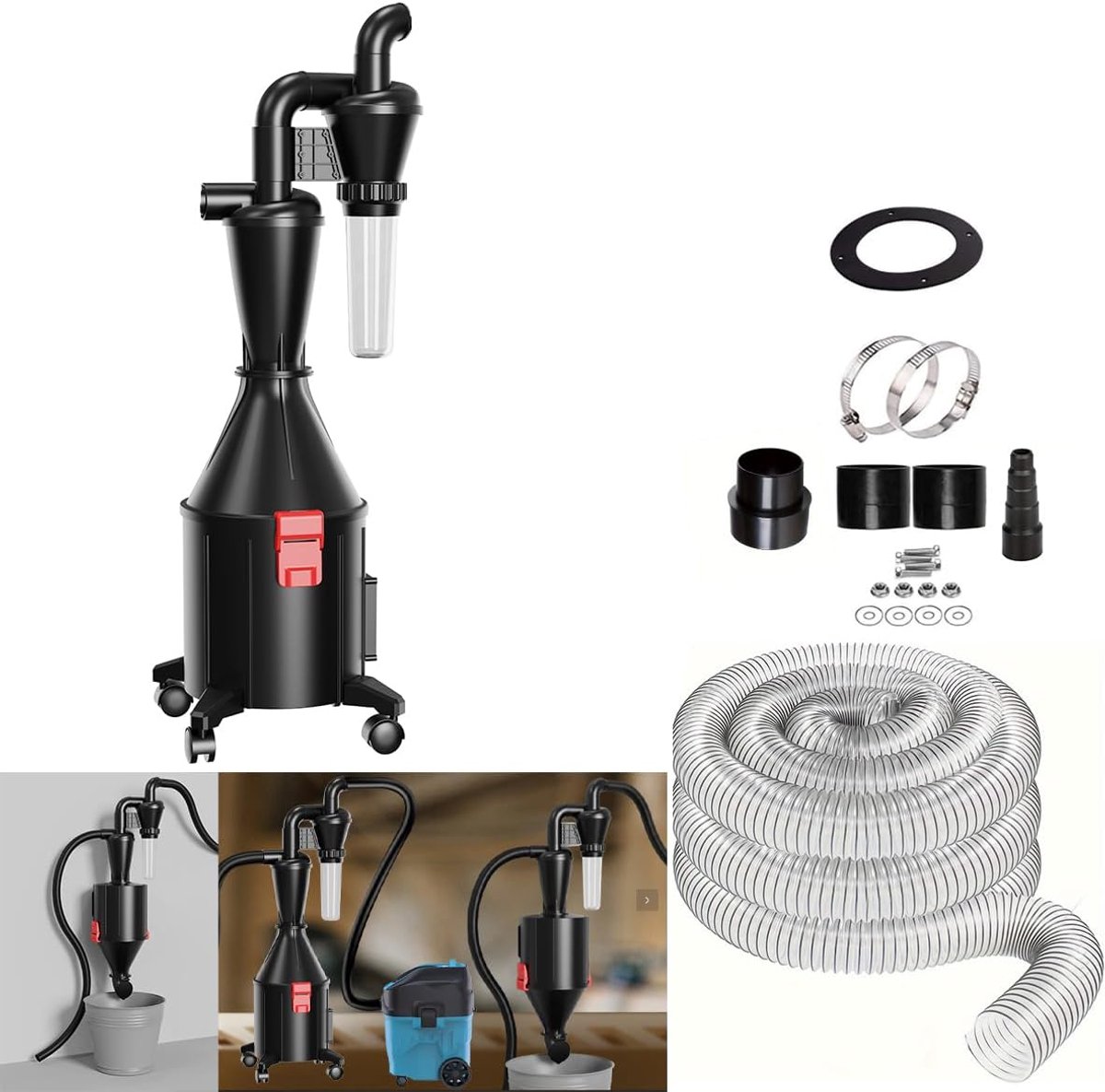 stofafscheider met dubbele filter en 2-in-1 functionaliteit: kan aan de muur worden gemonteerd of als emmer met wielen worden gebruikt, multifunctionele cycloonafscheider voor stofzuiger.