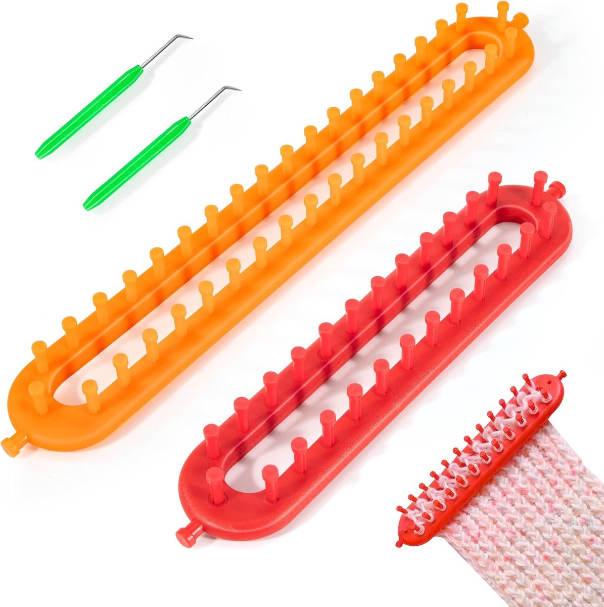weefstoel, sjaal, breiapparaat, lange brei- en haaknaalden, voor sjaal, handschoenen, sokken, kinderen, volwassenen, beginners, cadeau voor breiliefhebbers, rood geel, set van 2