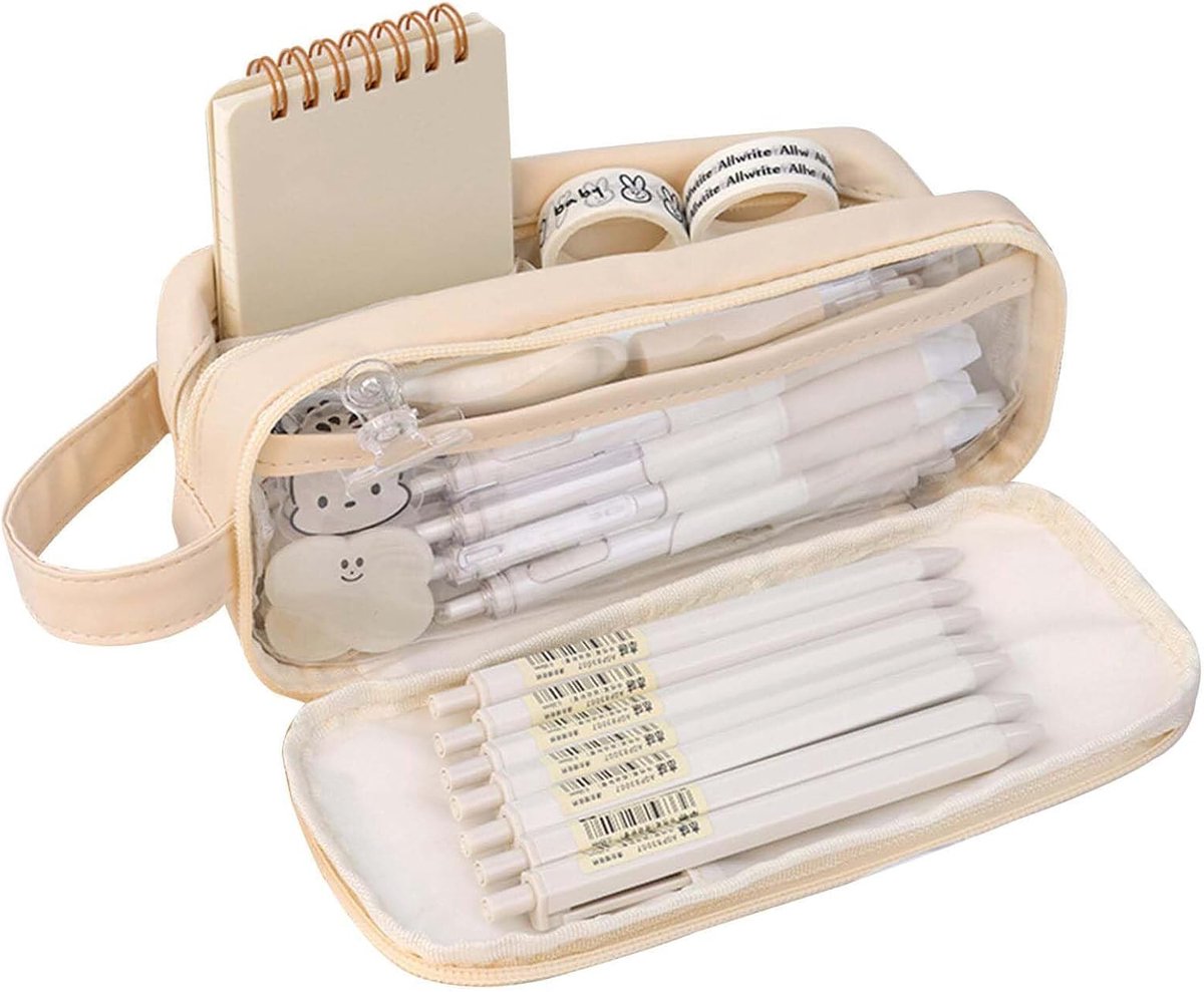 Pennenetui met grote capaciteit, etui voor school, groot etui, robuust etui met handvat voor school en kantoor, Beige, 21 x 7 x 8 cm, casual