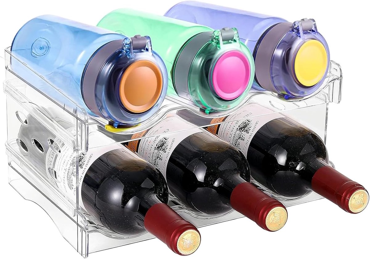 wijnrek met 2 niveaus, elk antislip groefrek bevat 3 waterflessen, verwijderbare opbergorganizer in de keukenkast, transparante PET-plastic flessenhouder voor kast, vriezer, koelkast,