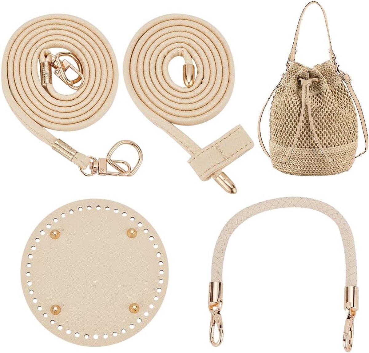 DIY Handtassen Maken Kits, Handgemaakte Gehaakte Breien Tassen Maken Accessoires omvatten Ronde PU Lederen Schouderriem voor de Bodem van de Tas