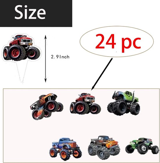 25 stuks Monster Truck Taartversiering Set – Happy Birthday Taarttopper voor Jongens – Vrachtwagen Muffin Decoraties, Auto Cupcake Topper, Verjaardagstaart Accessoires voor Kinderen — afbeelding 2