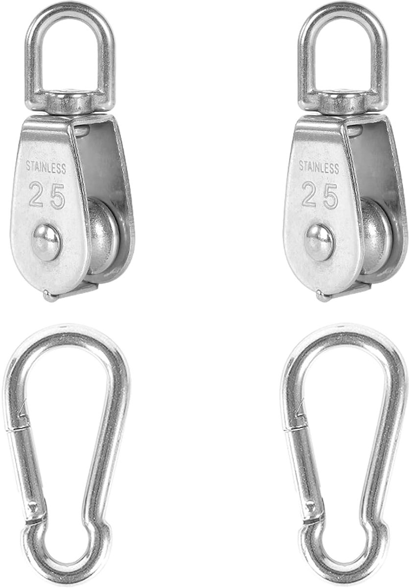 2Pcs 304 Roestvrij Staal M25 Enkele Katrol Blok, Draad Touw Opknoping Draad Trekwiel, Met 2Pcs Lente Snap Hook