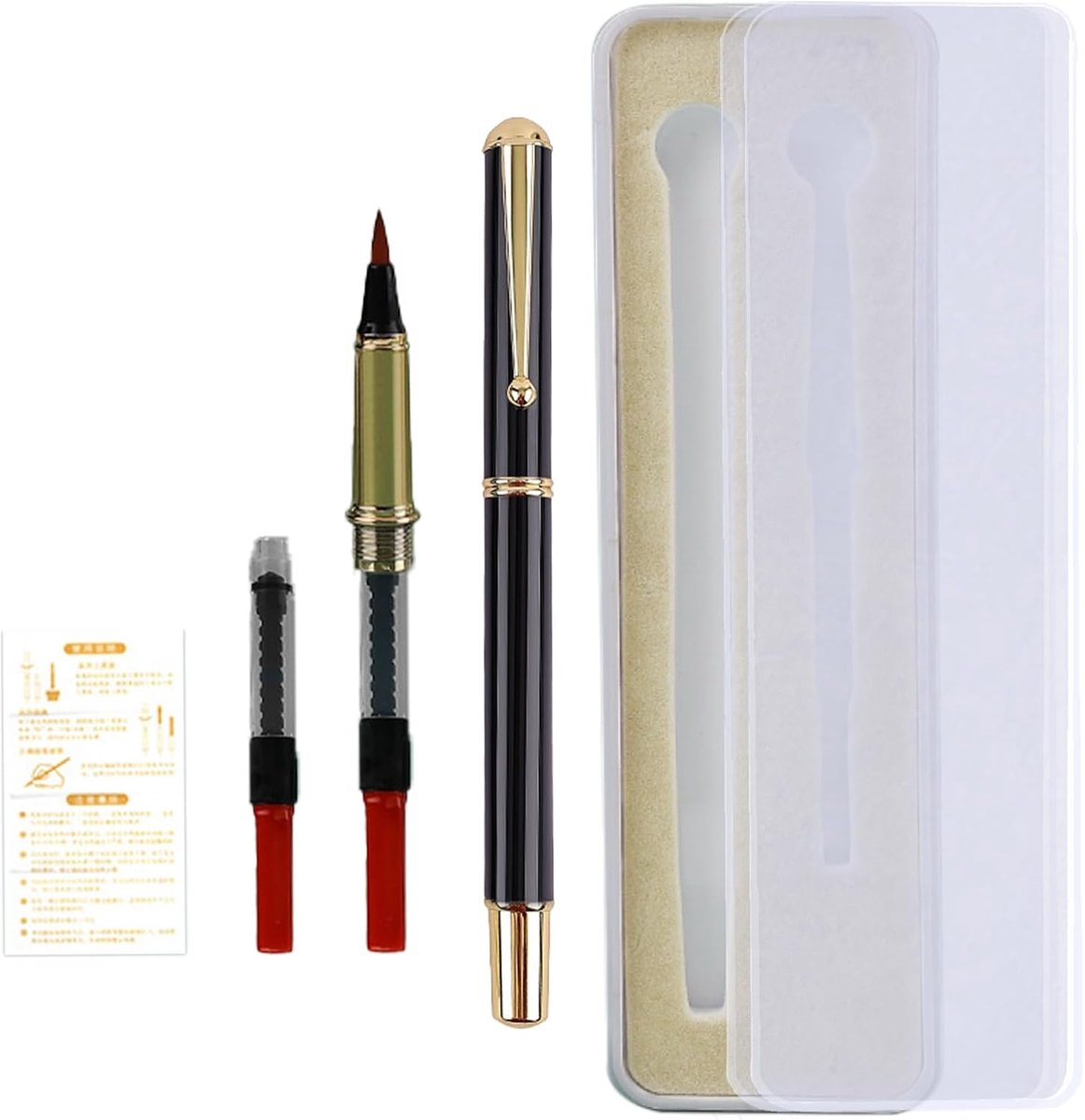Draagbare Pocket Metalen Vulpenseel Pen met Case, Hervulbare Flexibele Borstel Tip Kalligrafie Pen voor Schrijven Belettering Illustratie Kunst (1 Zwarte Pen, 1 Pen Tip, 3 Inktconverters)