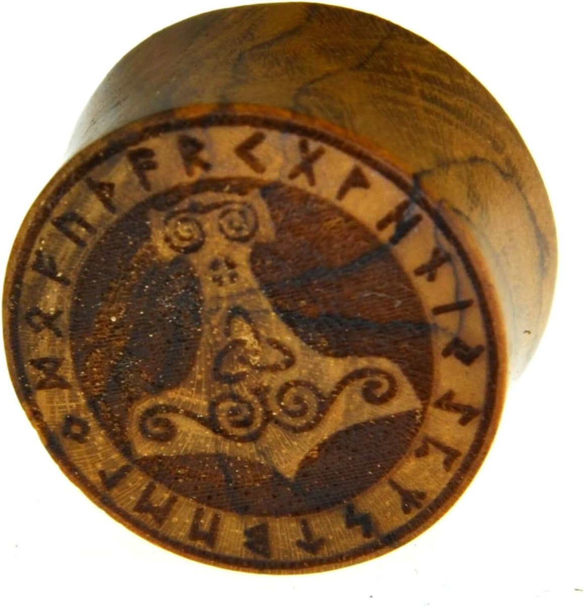 houten plug Mjölnir Viking Kelten Triskele Thors hamer met runenring, dubbele flared tunnel expander-stretcher van teakhout in bruin, uniseks lobes piercing lasergravure, 10 mm - 20 mm, Hout